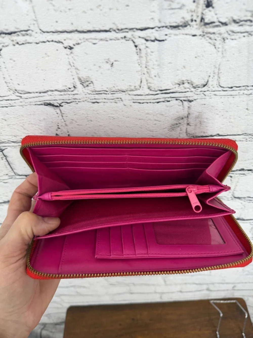 Halogen Zip-Around Leather Travel Clutch Wallet — Red/Fuchsia — VGC